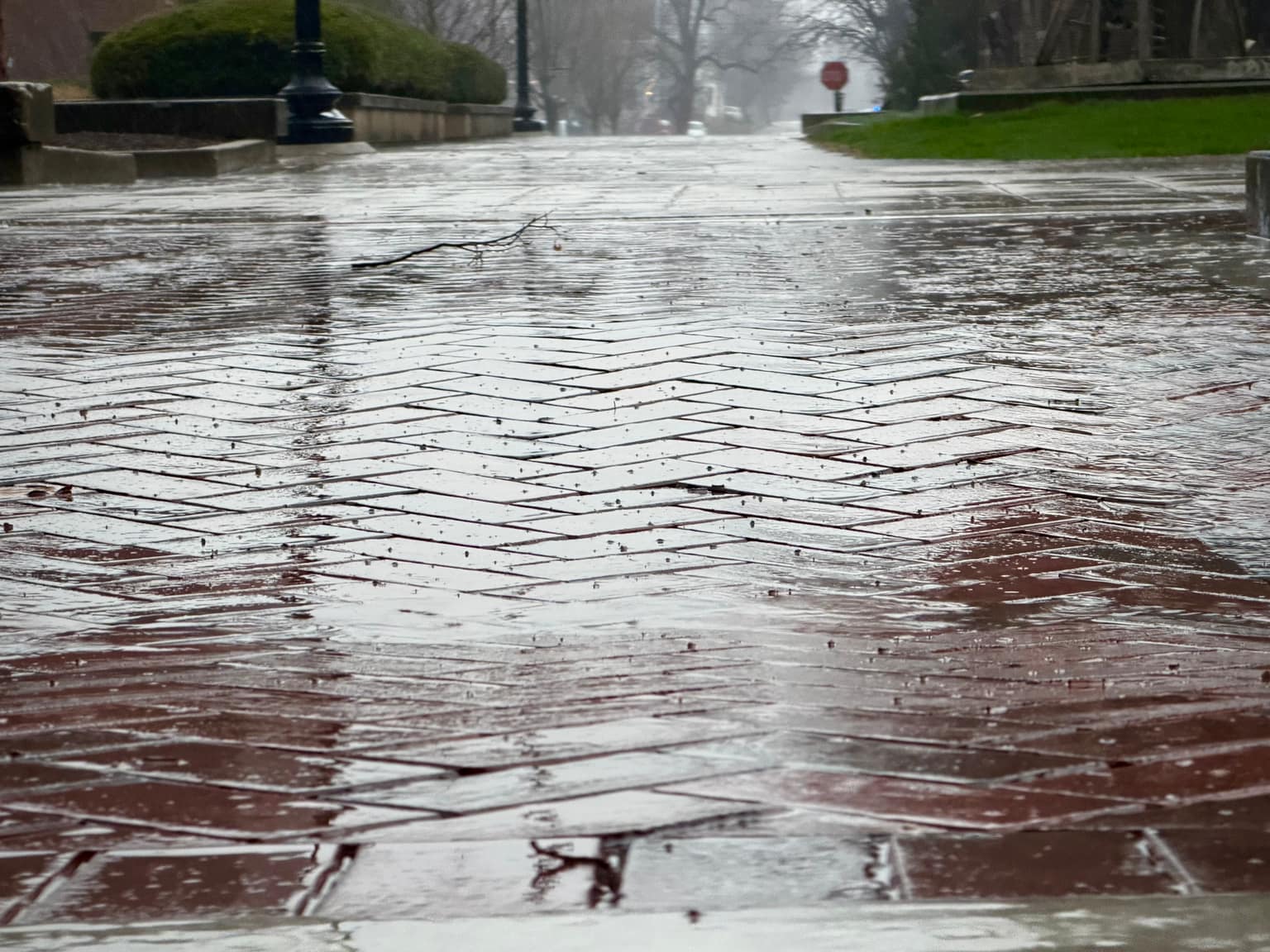 Wet red herringbone brick walkway in rain, glossy puddles and ripples, green hedge and vintage lamppost left, grass and distant bare trees and stop sign fading into gray haze
