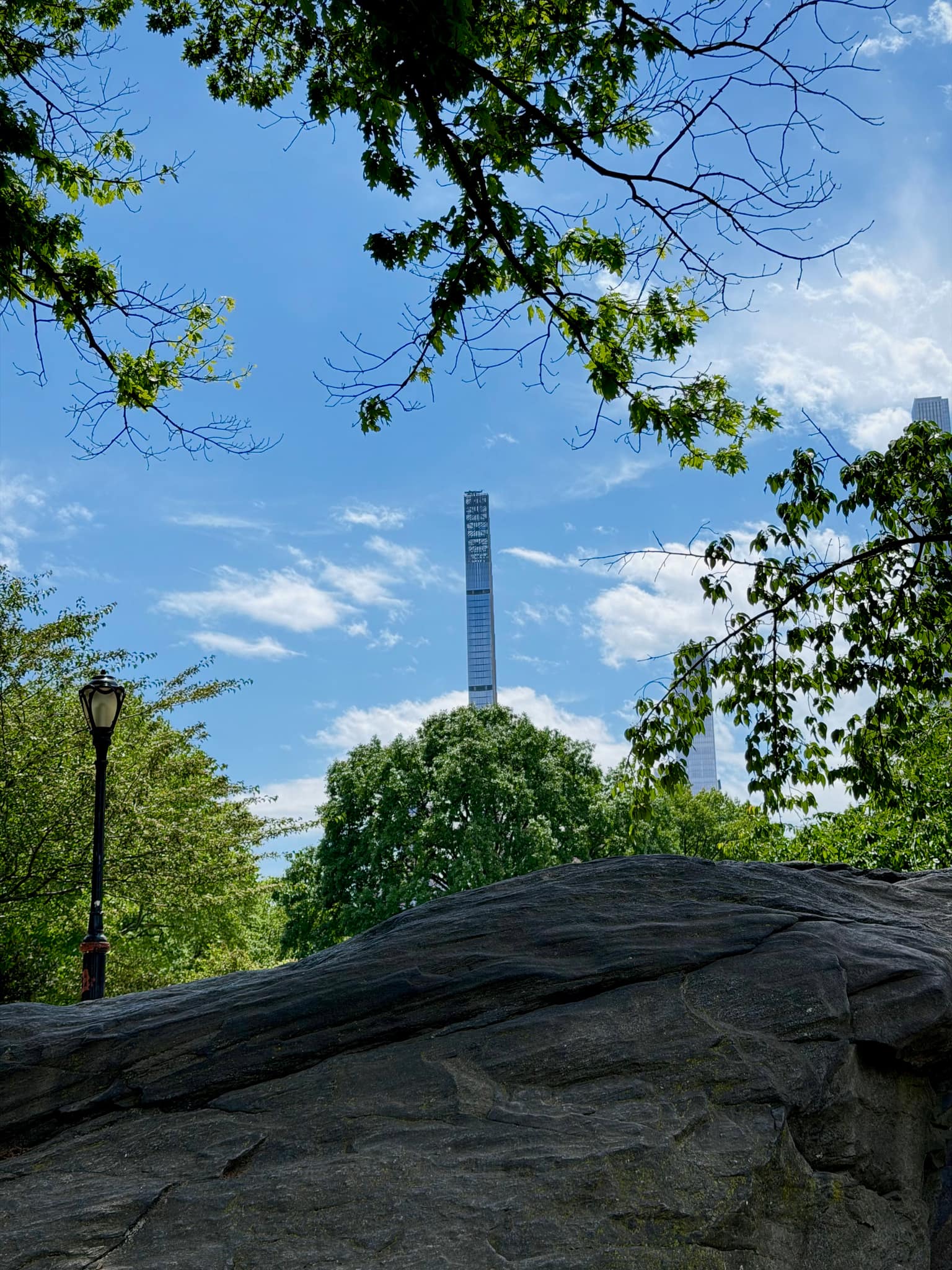 Slender supertall tower rising beyond Central Park trees and a dark rock outcrop, with leafy branches framing the blue sky above