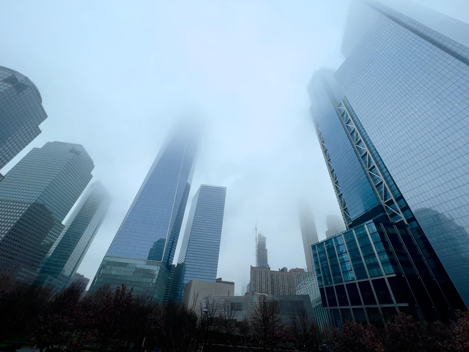 Street-level worm's-eye view of Lower Manhattan glass towers, including One World Trade Center, their upper floors erased by dense white fog; white ribbed Oculus structure lower right, bare winter trees along the bottom