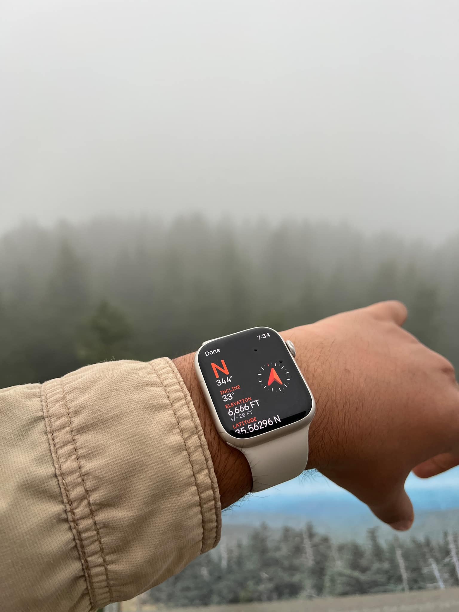 Forearm with a smartwatch showing elevation about 6,666 feet and compass data, above a blue observation railing; dense gray fog and dark evergreen treetops beyond
