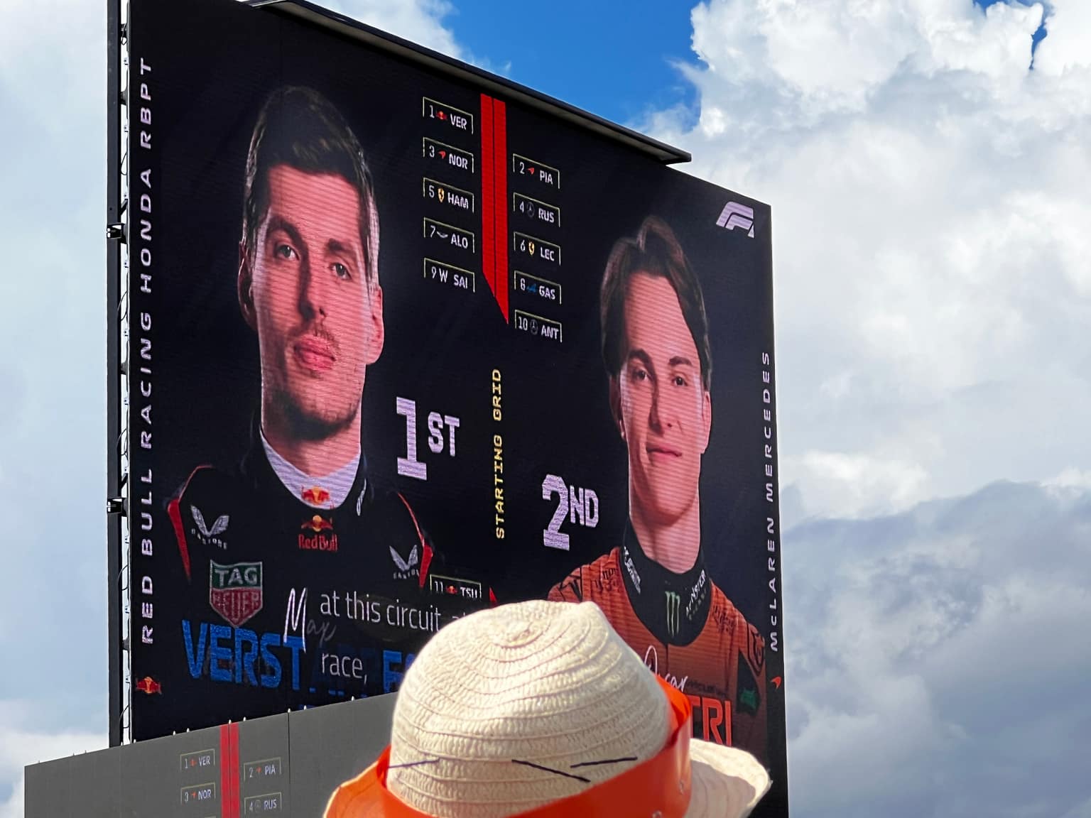 Giant outdoor screen showing the Formula 1 starting grid with driver portraits for Verstappen and Piastri and a vertical top-ten list; straw hat brim along the lower edge and bright clouds above